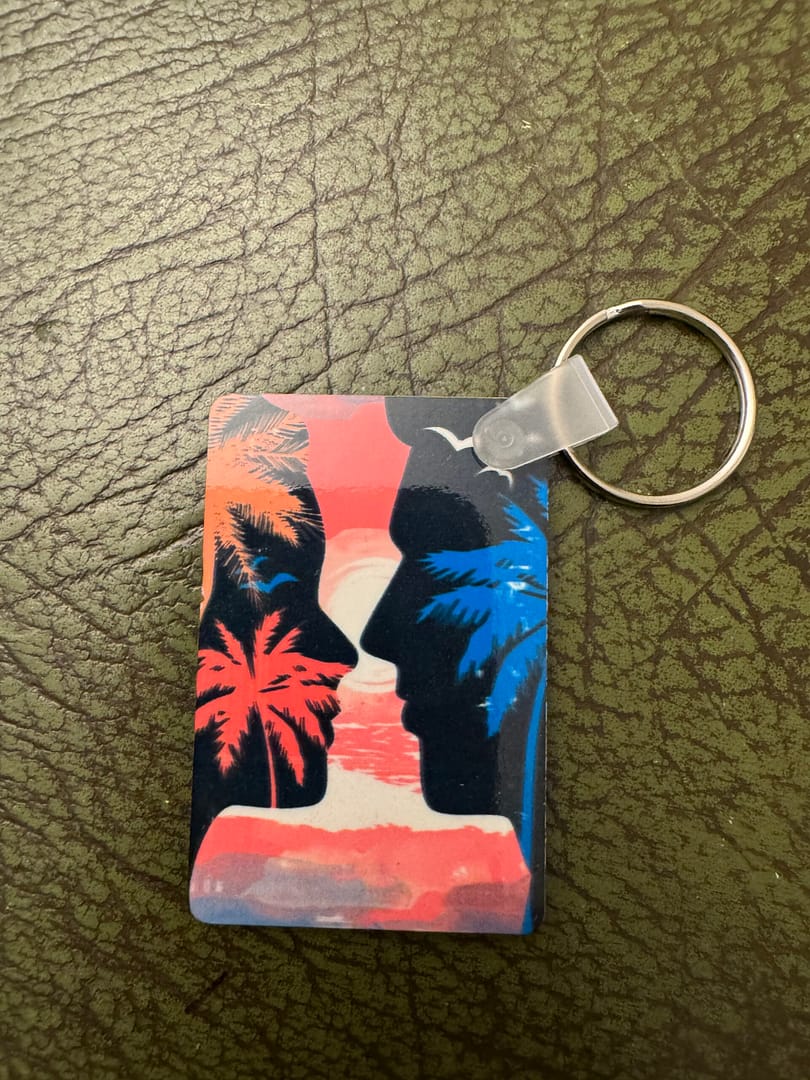 Two Faces with Ocean and Palm Tree Key Ring