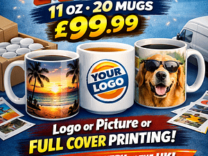 Premium 11oz sublimation mugs printed with your logo, photo, or full wrap design.